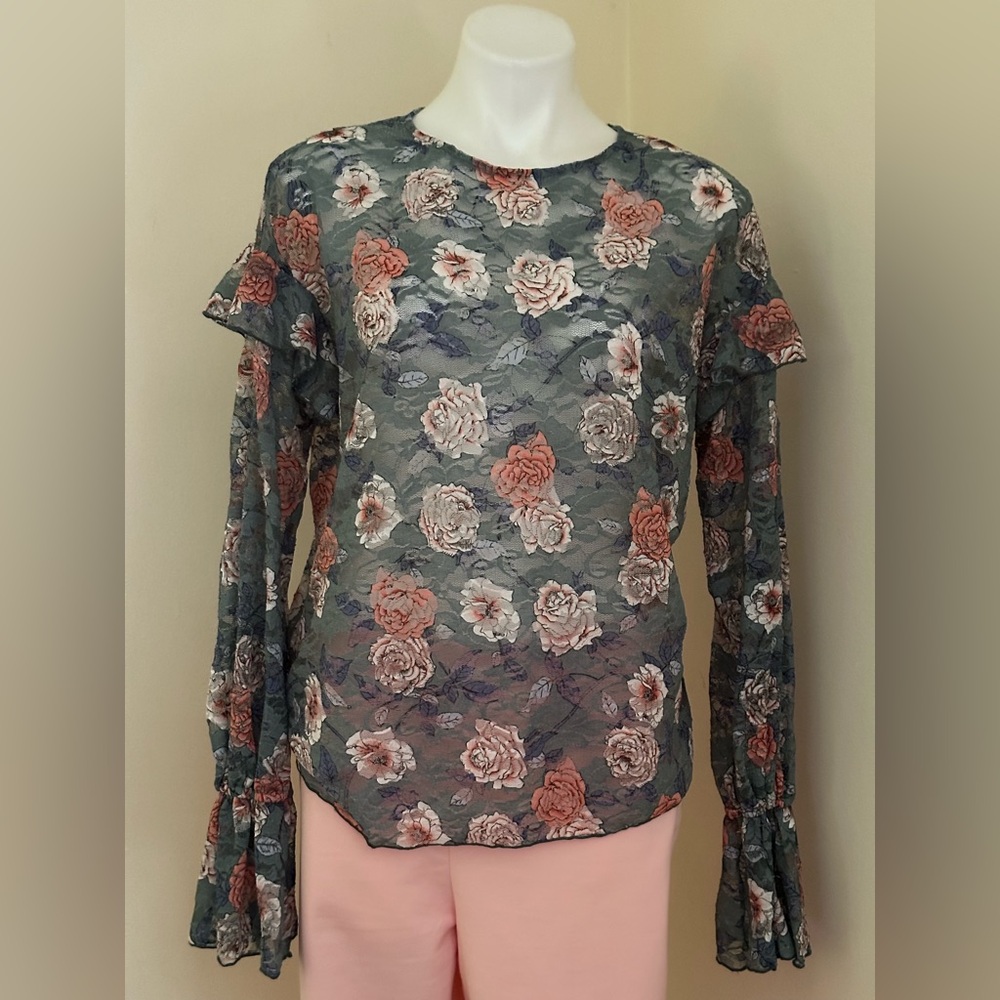 MELROSE & MARKET Green Pink Blue Floral Lace Sheer Crew Elastic Sleeves Top Sz M
